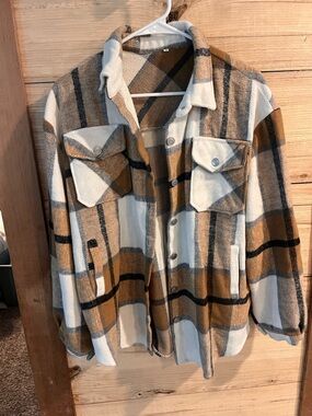 Amazon Women's Plaid Shacket in White, Brown and Black